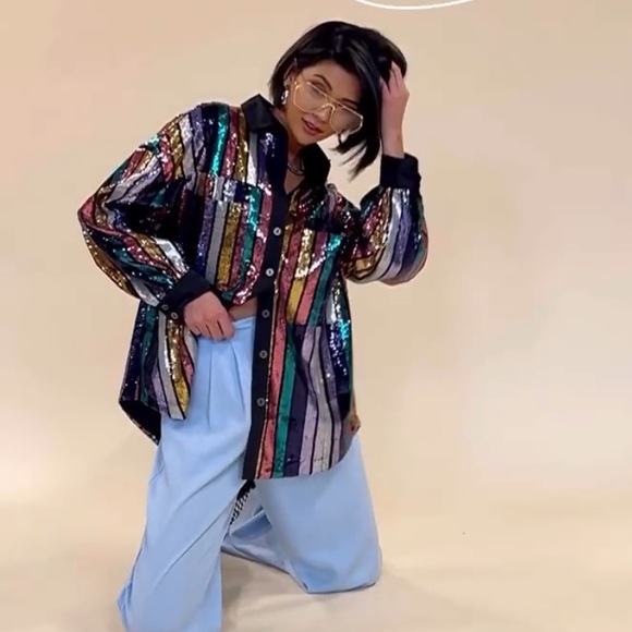 Dressed in LALA Tops - Dressed in LALA Sequin Button Up